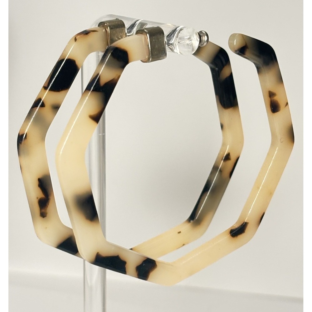 Faux Tortoise Shell Acrylic Hexagon Hoop Earrings 2.25"